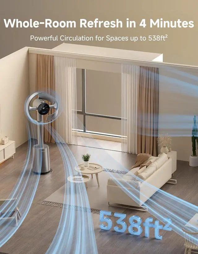 Alt view image 4 of 7 - DREAME Bladeless Tower Fan for Bedroom, Smart Standing Fan with 270° Spatial Airflow for Whole-Room Circulation, 59ft/s High Velocity, 10 Speeds 3 Modes, Temperature-Adaptive Airflow, MF10-Silver
