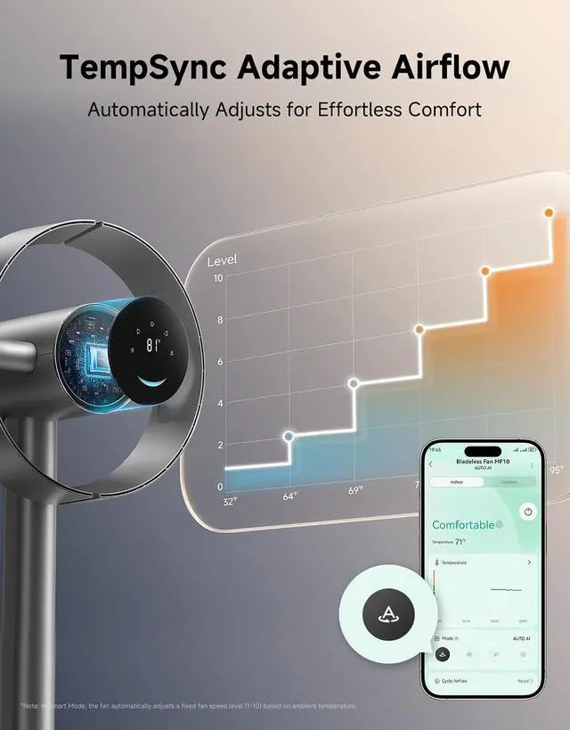 Alt view image 6 of 7 - DREAME Bladeless Tower Fan for Bedroom, Smart Standing Fan with 270° Spatial Airflow for Whole-Room Circulation, 59ft/s High Velocity, 10 Speeds 3 Modes, Temperature-Adaptive Airflow, MF10-Silver