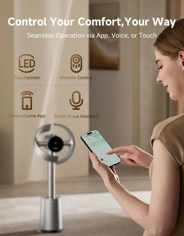 Alt view image 7 of 7 - DREAME Bladeless Tower Fan for Bedroom, Smart Standing Fan with 270° Spatial Airflow for Whole-Room Circulation, 59ft/s High Velocity, 10 Speeds 3 Modes, Temperature-Adaptive Airflow, MF10-Silver