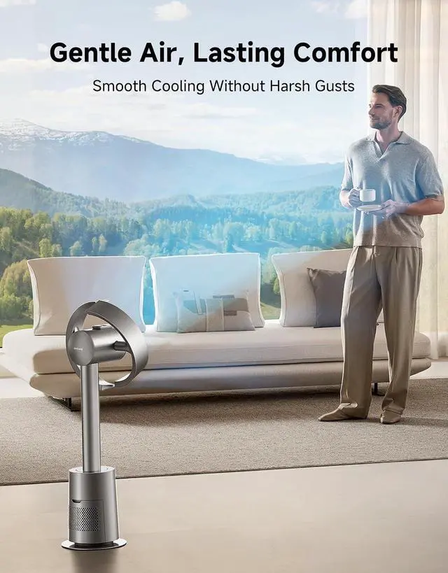 Alt view image 5 of 7 - DREAME Bladeless Tower Fan for Bedroom, Smart Standing Fan with 270° Spatial Airflow for Whole-Room Circulation, 59ft/s High Velocity, 10 Speeds 3 Modes, Temperature-Adaptive Airflow, MF10-Silver