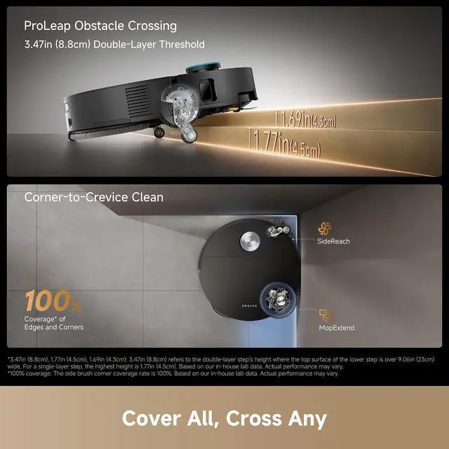 Alt view image 4 of 7 - DREAME X60 Ultra Robot Vacuum and Mop, 3.13in Ultra-Thin Design, 3.47in Obstacle Clearing, 35,000Pa Suction, Self Emptying&Refilling, Mop Self-Cleaning, 100% Detangling, 280+Obstacle Avoidance, Black