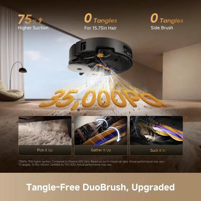 Alt view image 5 of 7 - DREAME X60 Ultra Robot Vacuum and Mop, 3.13in Ultra-Thin Design, 3.47in Obstacle Clearing, 35,000Pa Suction, Self Emptying&Refilling, Mop Self-Cleaning, 100% Detangling, 280+Obstacle Avoidance, Black