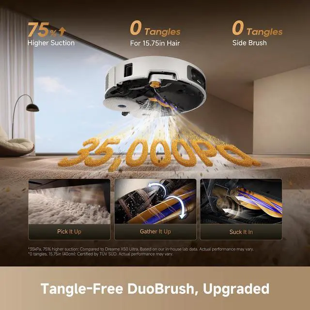 Alt view image 5 of 7 - DREAME X60 Ultra Robot Vacuum and Mop, 3.13in Ultra-Thin Design, 3.47in Obstacle Clearing, 35,000Pa Suction, Self Emptying&Refilling, Mop Self-Cleaning, 100% Detangling, 280+Obstacle Avoidance, White