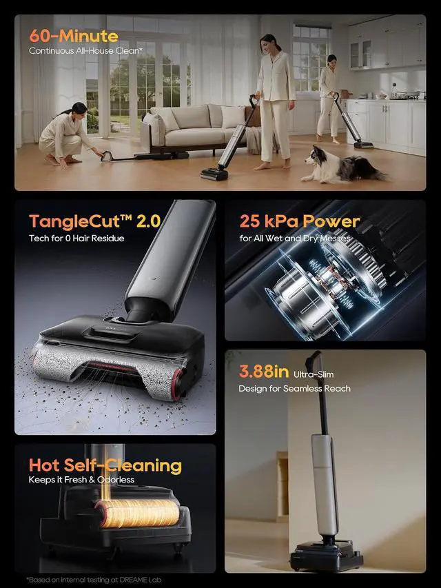 Alt view image 3 of 7 - DREAME Aero Pro Wet Dry Vacuum Mop, Ultra-Slim with Hot Self-Cleaning/Self-Drying, 0 Hair Tangle Great for Pet Owner, Powerful Wet Dry Vacuum with 60min Runtime, Pick-up & Mop at The Same Time