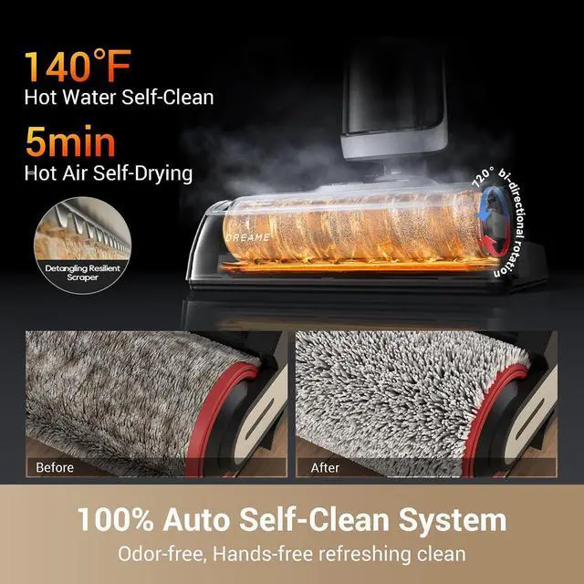Alt view image 5 of 7 - dreame H14 Cordless Vacuum Mop, 180° Lie-Flat Wet Dry Vacuum cleaner, 140°F Brush Washing, Fast Hot Air Drying in 5Mins, Smart Hard Floor Cleaner Machine with Powerful Suction, Great for Sticky Messes