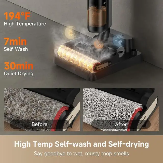 Alt view image 4 of 7 - DREAME H12 Pro Gen2 Vacuum Mop, 0 Tangle Wet Dry Vacuum Cleaner, Cordless Vacuum Mop All-in-One for Hard Floors, 180° Lie-Flat Floor Cleaner Machine with 194°F Hot Self-Cleaning, 50Mins Runtime