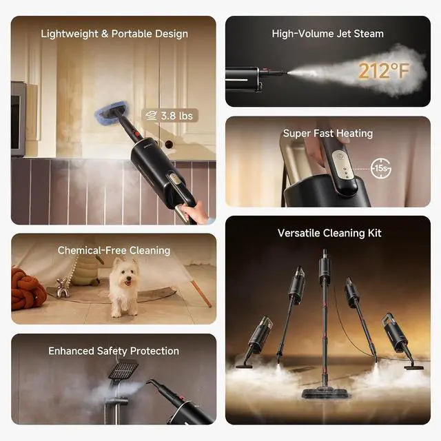 Alt view image 3 of 7 - DREAME SH10 Steam Mop with Detachable Handheld Steamer, 13-in-1 Portable Steam Cleaner, 3.8 lbs Lightweight Body, 15sec Steam-Up, 212 Steam Cleaning, 350ml Water Tank, Steam Safety System