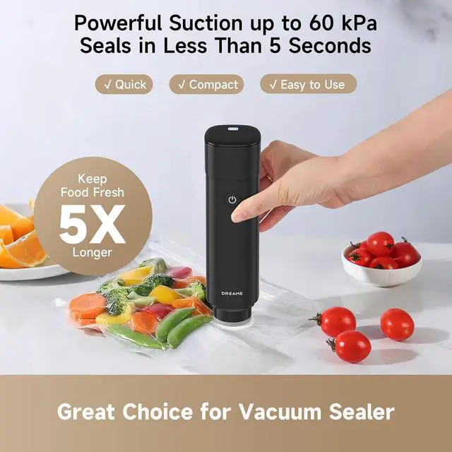 Alt view image 2 of 7 - DREAME VH20 Handheld Vacuum Sealer Machine for Food with 30 Reusable Vacuum Bags, Compact Food Vacuum Sealer, Auto Stop, Rechargeable Food Sealer Saver, Dry & Moist Modes, For Container & Wine Bottles