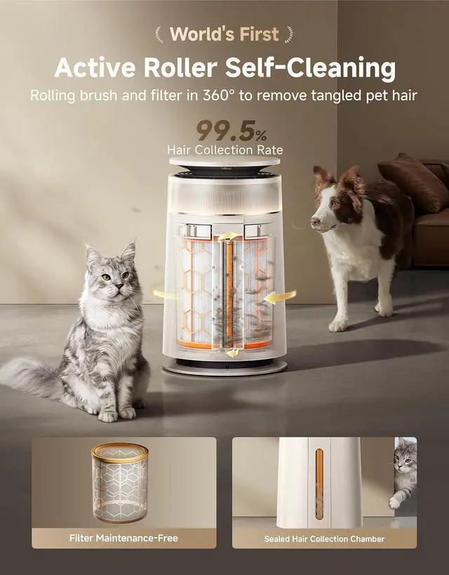 Alt view image 2 of 7 - Dreame HEPA Air Purifier with Self-Cleaning Pet Hair, Suck Up Floating Cat Dog Hair Dander for Home Large Room, 4 Filters Smart Air Cleaner for Pet Odor Purification, APP & Voice Control, FP10-Beige