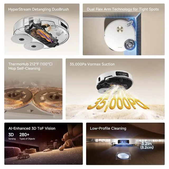 Alt view image 2 of 7 - DREAME L60 Ultra Robot Vacuum and Mop, 35,000Pa Suction, Detangling Brush, AI-Enhanced 3D ToF Vision, 100 Mop Self-Cleaning, 280+ Object Types, Extendable Side Brush and Mop, White