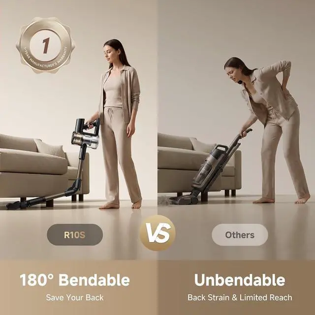Alt view image 2 of 7 - DREAME R10S Cordless Stick Vacuum with 180° Bendable Rod, Reaches Deep Under Beds & Furniture, 25000Pa Powerful Suction, Up to 45-Minute Runtime, LED Headlight, for Hard Floors & Carpet