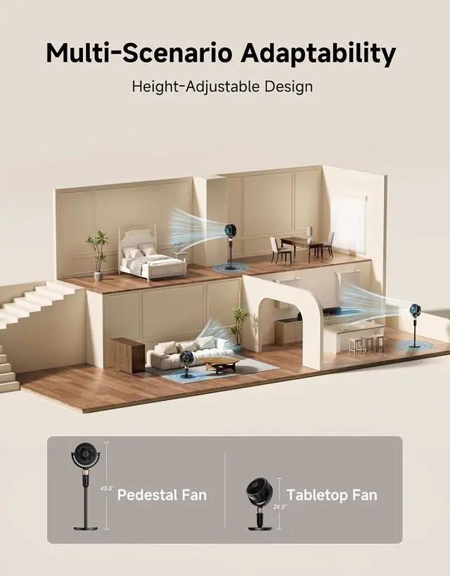 Alt view image 5 of 7 - DREAME Pedestal Air Circulator Fan FC15 for Bedroom, Black | Oscillating Standing Fan with Ultra Turbo Flow, 9 Speeds 3 Modes, Height-Adjustable, Washable Pre-Filter, LED Screen, Timer