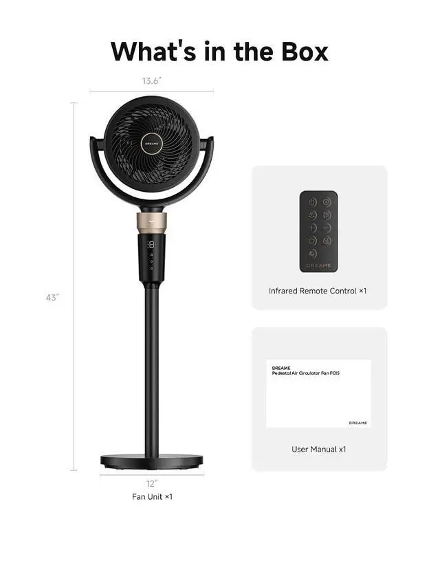 Alt view image 7 of 7 - DREAME Pedestal Air Circulator Fan FC15 for Bedroom, Black | Oscillating Standing Fan with Ultra Turbo Flow, 9 Speeds 3 Modes, Height-Adjustable, Washable Pre-Filter, LED Screen, Timer