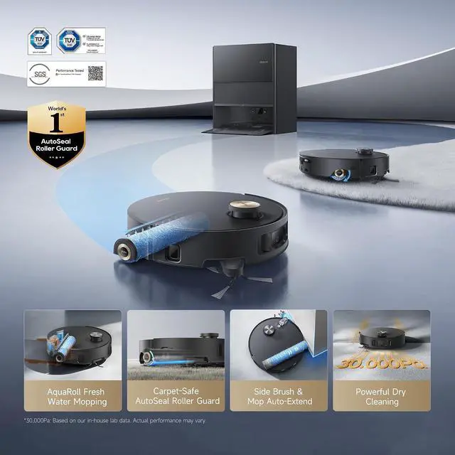 Alt view image 2 of 7 - DREAME Aqua10 Roller AE Robot Vacuum, Roller Mop Fresh Water Mopping, Carpet-Safe Roller Guard, Auto-Empty, 30,000Pa Suction, 212 Hot Water Mop Washing, Hot Air Drying, 100% Detangling, Voice Control