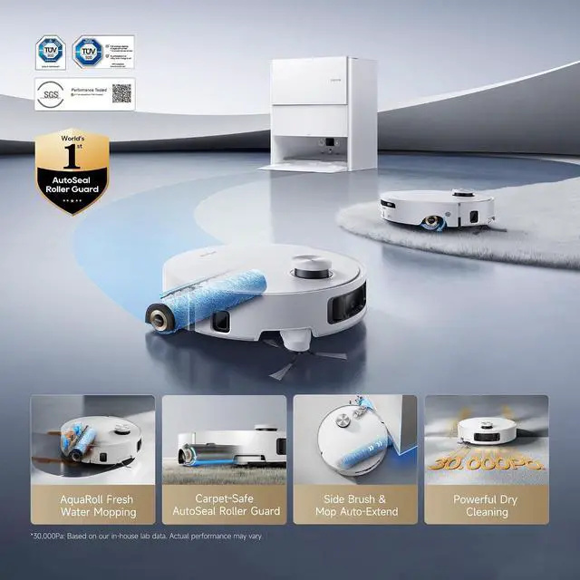 Alt view image 2 of 7 - DREAME Aqua10 Roller AE Robot Vacuum, Roller Mop Fresh Water Mopping, Carpet-Safe Roller Guard, Auto-Empty, 30,000Pa Suction, 212 Hot Water Mop Washing, Hot Air Drying, 100% Detangling, Voice Control