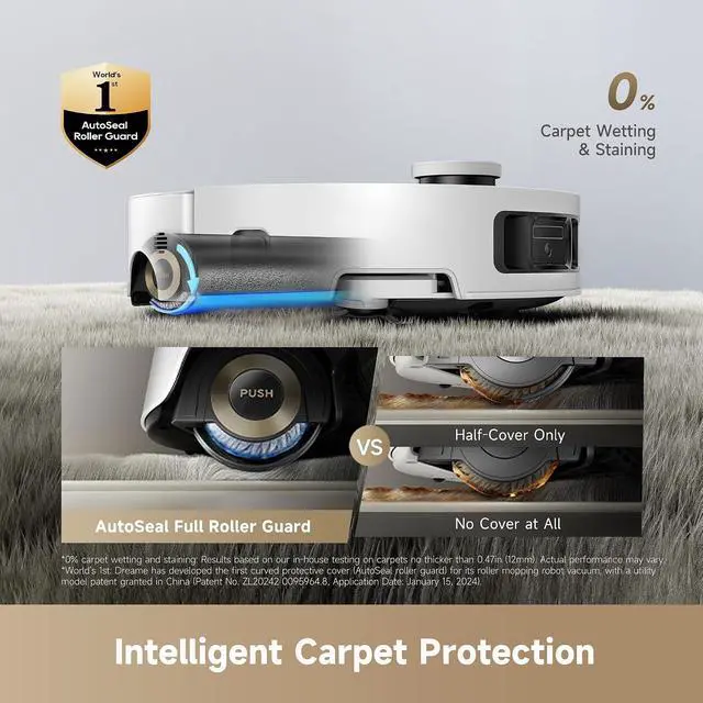 Alt view image 5 of 7 - DREAME Aqua10 Roller AE Robot Vacuum, Roller Mop Fresh Water Mopping, Carpet-Safe Roller Guard, Auto-Empty, 30,000Pa Suction, 212 Hot Water Mop Washing, Hot Air Drying, 100% Detangling, Voice Control