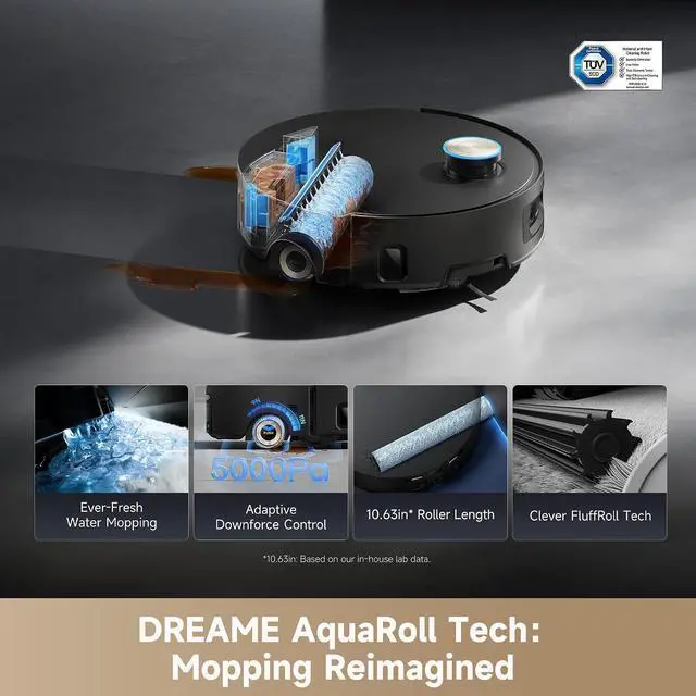 Alt view image 2 of 7 - DREAME Aqua10 Ultra Roller Complete Robot Vacuum and Mop & 30,000Pa Suction, Self-Cleaning Dock & Extending Roller Mop, Heat-Washes & Dries, Carpet Protection, AI Camera & LiDAR Avoidance Tech (Black)