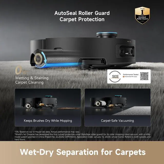 Alt view image 3 of 7 - DREAME Aqua10 Ultra Roller Complete Robot Vacuum and Mop & 30,000Pa Suction, Self-Cleaning Dock & Extending Roller Mop, Heat-Washes & Dries, Carpet Protection, AI Camera & LiDAR Avoidance Tech (Black)