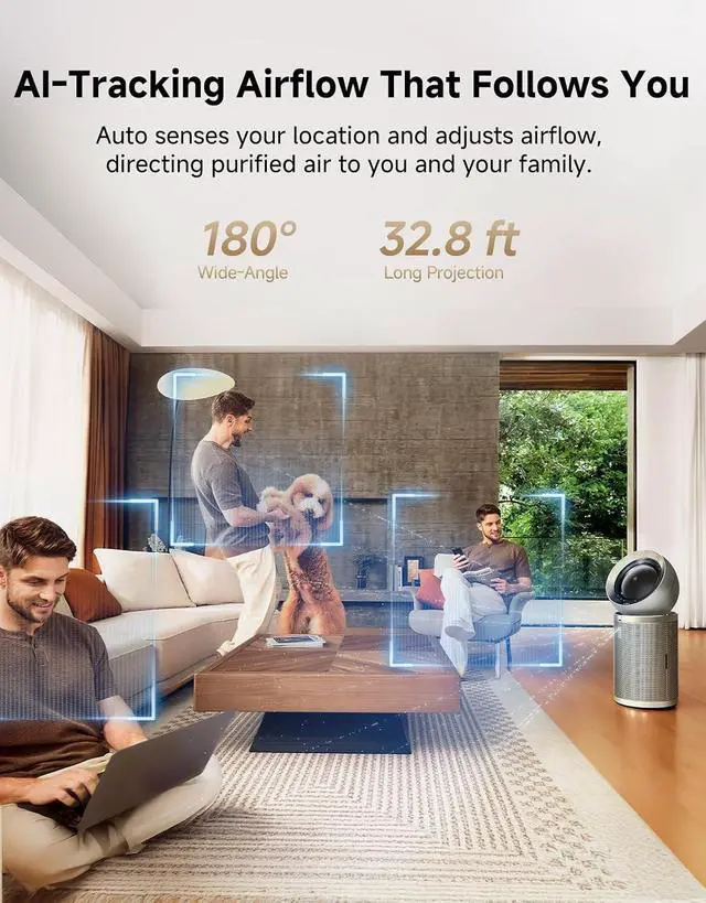 Alt view image 3 of 7 - Dreame Smart Air Purifier for Home Large Room, Cleans 7,534 ft² in One Hour with 4 Filters, Dual-way Air Oulets, Al Tracking, Air Quality Monitor with 7 Sensors, 2-in-1 Purifier & Fan, PM10