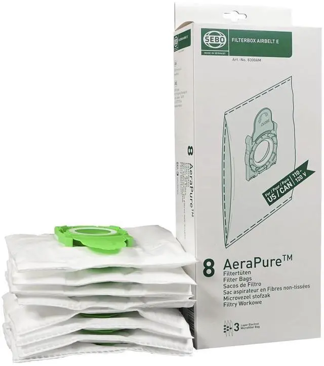 Main image of SEBO Filter Bag Box Airbelt E, 8 Three-Layer Ultra Bags with caps #8300AM