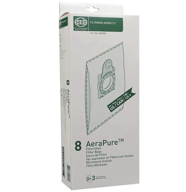 Alt view image 2 of 2 - SEBO Filter Bag Box Airbelt E, 8 Three-Layer Ultra Bags with caps #8300AM