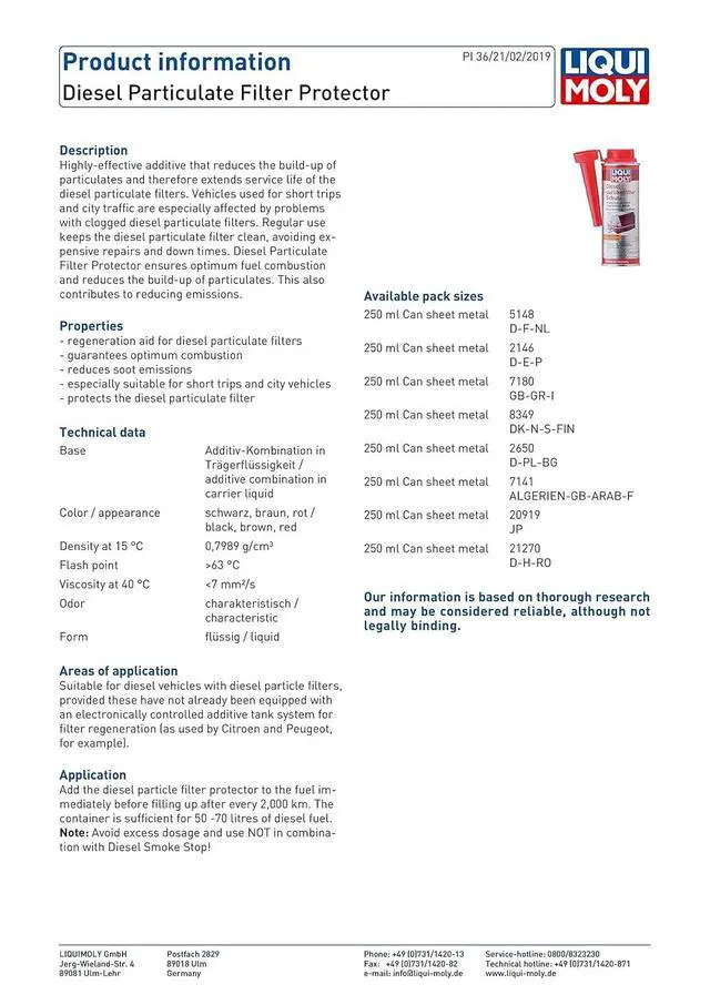 Alt view image 3 of 5 - LIQUI Moly Diesel Particulate Filter Protector | 250 ml | Diesel additive | SKU: 7180