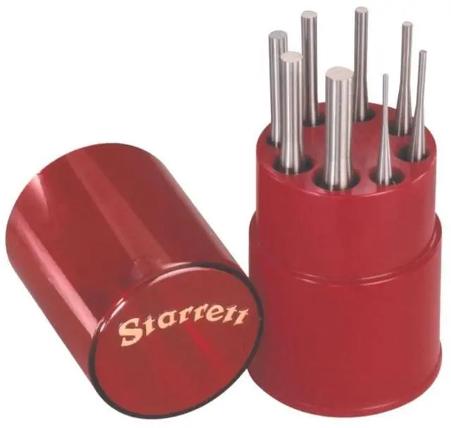 Main image of Starrett Drive Pin Punch Set with Knurled Grip and Round Red Plastic Box - 4" Length, 1/16", 3/32", 1/8", 5/32", 3/16", 7/32", 1/4", 5/16" Punch Diameter - Set of 8 - S565WB