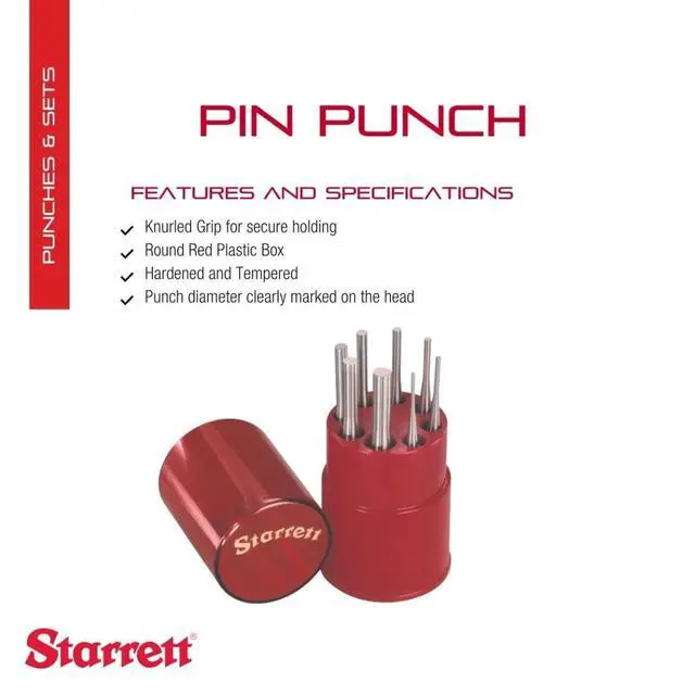 Alt view image 2 of 7 - Starrett Drive Pin Punch Set with Knurled Grip and Round Red Plastic Box - 4" Length, 1/16", 3/32", 1/8", 5/32", 3/16", 7/32", 1/4", 5/16" Punch Diameter - Set of 8 - S565WB