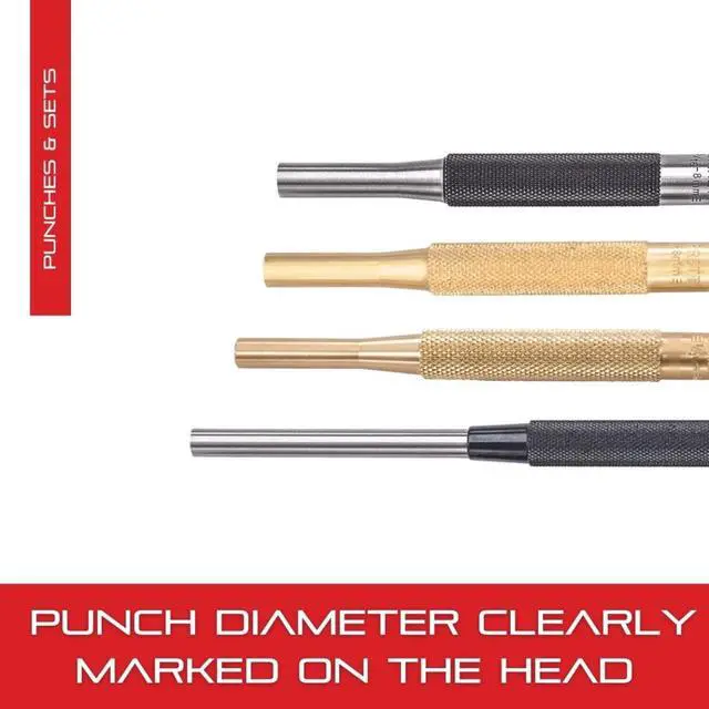 Alt view image 4 of 7 - Starrett Drive Pin Punch Set with Knurled Grip and Round Red Plastic Box - 4" Length, 1/16", 3/32", 1/8", 5/32", 3/16", 7/32", 1/4", 5/16" Punch Diameter - Set of 8 - S565WB