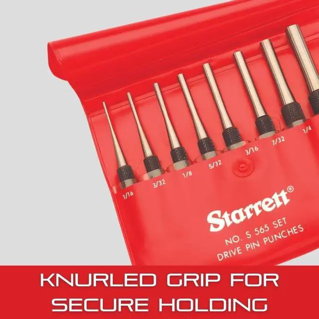 Alt view image 5 of 7 - Starrett Drive Pin Punch Set with Knurled Grip and Round Red Plastic Box - 4" Length, 1/16", 3/32", 1/8", 5/32", 3/16", 7/32", 1/4", 5/16" Punch Diameter - Set of 8 - S565WB
