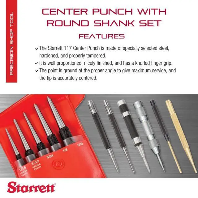 Alt view image 2 of 7 - Starrett Steel Center Punch with Round Shank and Knurled Finger Grip - Hardened and Tempered Steel, 0-4" Length, 1/16, 5/64, 3/32, 1/8, 5/32 Diameter Tapered - 5 Pieces - S117PC