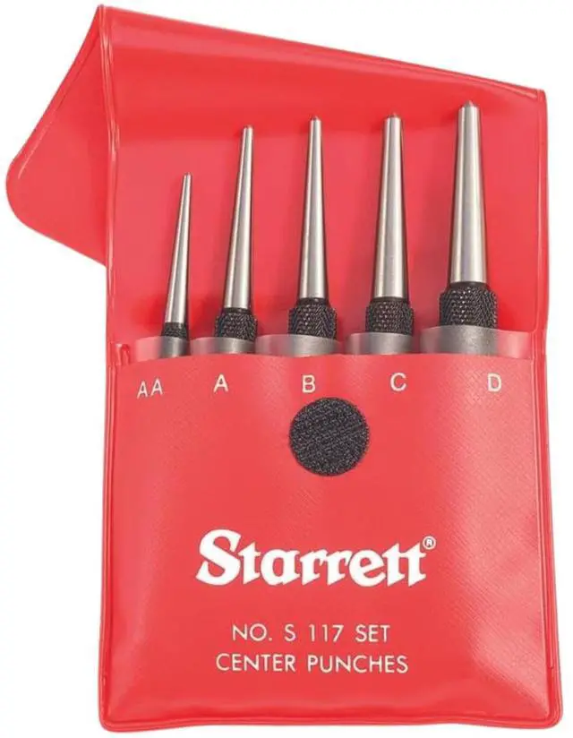 Main image of Starrett Steel Center Punch with Round Shank and Knurled Finger Grip - Hardened and Tempered Steel, 0-4" Length, 1/16, 5/64, 3/32, 1/8, 5/32 Diameter Tapered - 5 Pieces - S117PC