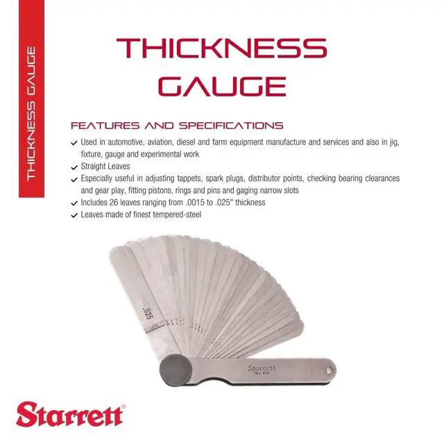 Alt view image 2 of 6 - Starrett Tempered Steel English Thickness Gage with Straight Leaves - Ideal for Carpenters and Home Improvement - 26 Leaves, 1/2"-1/4" x 3"-1/32" Size, .0015"-.025" Range - 66