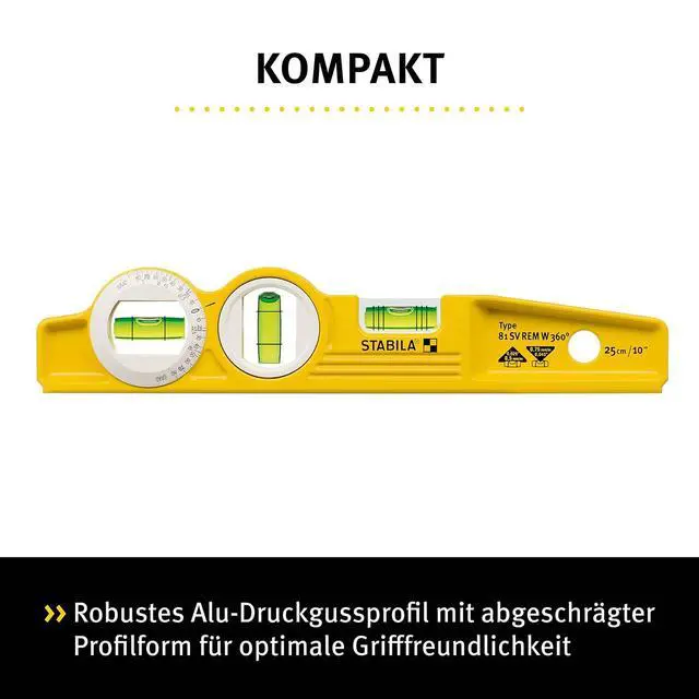 Alt view image 3 of 6 - Stabila 16670/0 25 cm "Torpedo Type 81 SV REM W360" Spirit Level With Bag - Yellow/Black