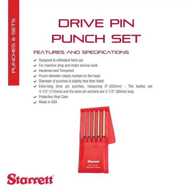 Alt view image 2 of 7 - Starrett Extra-Long Drive Pin Punch Set with Knurled Grip and Protective Vinyl Case - 8" Length, 1/8", 3/16", 1/4", 5/16", 3/8" Punch Diameter - Set of 5 - S248PC