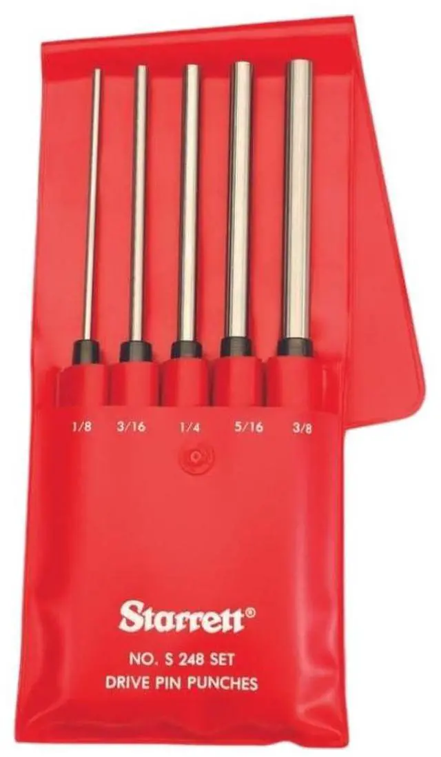 Main image of Starrett Extra-Long Drive Pin Punch Set with Knurled Grip and Protective Vinyl Case - 8" Length, 1/8", 3/16", 1/4", 5/16", 3/8" Punch Diameter - Set of 5 - S248PC