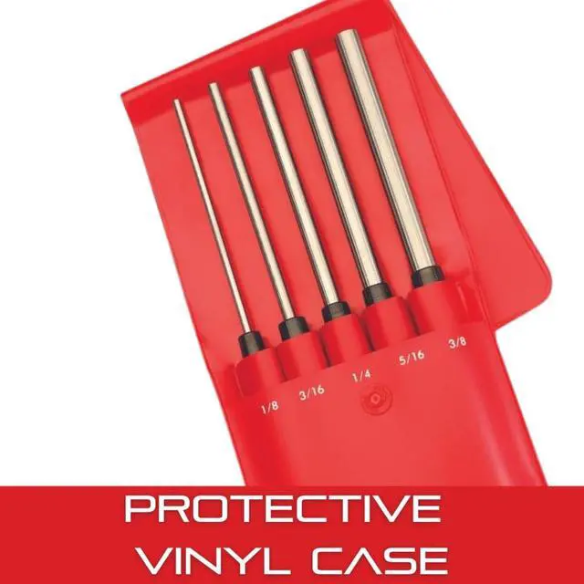 Alt view image 5 of 7 - Starrett Extra-Long Drive Pin Punch Set with Knurled Grip and Protective Vinyl Case - 8" Length, 1/8", 3/16", 1/4", 5/16", 3/8" Punch Diameter - Set of 5 - S248PC