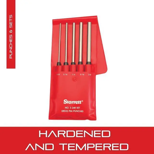 Alt view image 4 of 7 - Starrett Extra-Long Drive Pin Punch Set with Knurled Grip and Protective Vinyl Case - 8" Length, 1/8", 3/16", 1/4", 5/16", 3/8" Punch Diameter - Set of 5 - S248PC