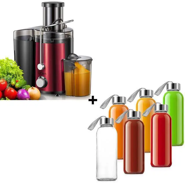 Main image of QCen 800W Juicer Machine Metallic Red and 6PCS Glass Bottle Bundle