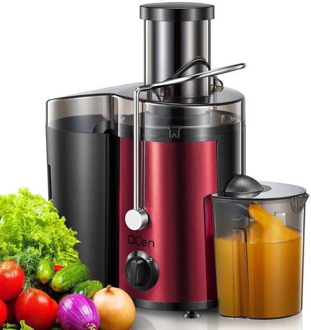 Main image of QCen Juicer Machine, 500W Centrifugal Juicer Extractor with Wide Mouth 3 Feed Chute for Fruit Vegetable, Easy to Clean, Stainless Steel, BPA-free (Metallic Red)