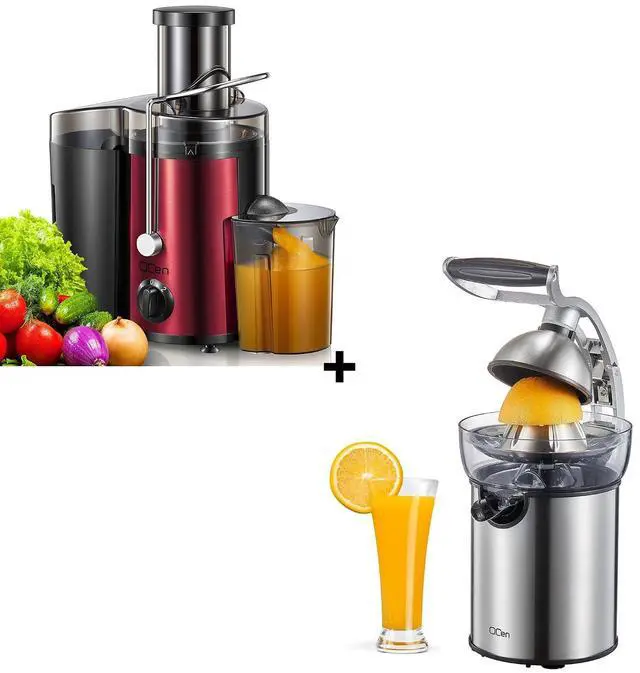 Main image of QCen 500W Juicer Machine Metallic Red and Electric Citrus Juicer Squeezer Bundle