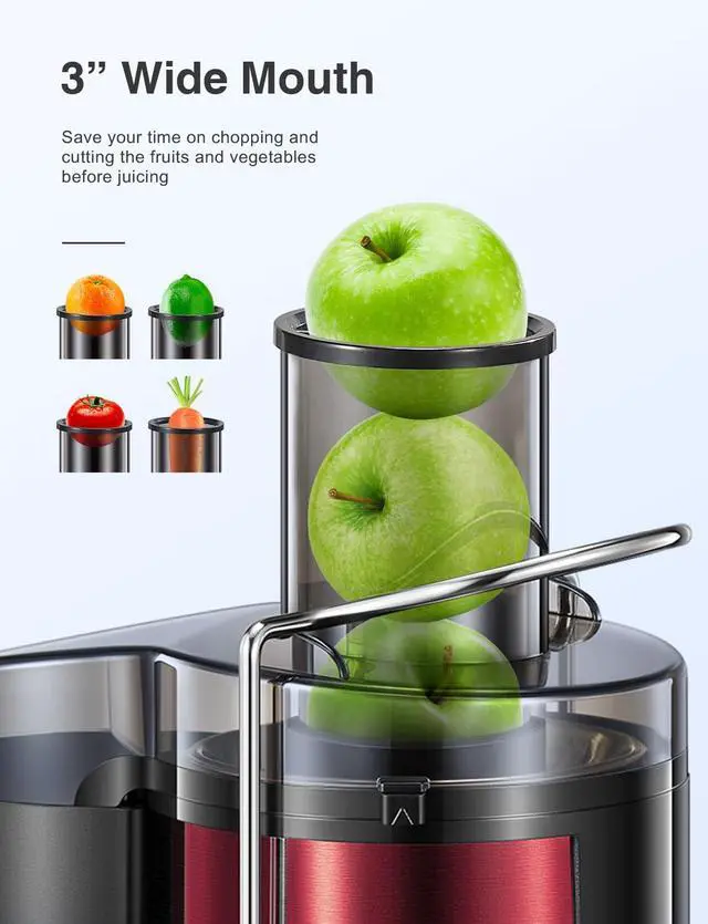 Alt view image 2 of 7 - QCen Juicer Machine, 500W Centrifugal Juicer Extractor with Wide Mouth 3 Feed Chute for Fruit Vegetable, Easy to Clean, Stainless Steel, BPA-free (Metallic Red)