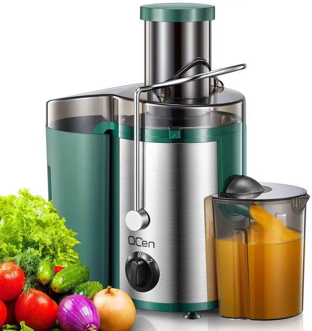 Main image of QCen Juicer Machine, 500W Centrifugal Juicer Extractor with Wide Mouth 3 Feed Chute for Fruit Vegetable, Easy to Clean, Stainless Steel, BPA-free (Green)