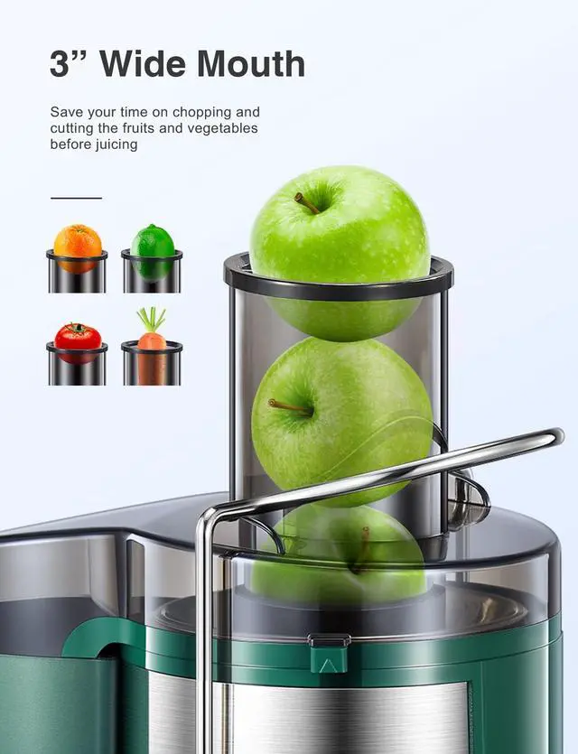 Alt view image 2 of 7 - QCen Juicer Machine, 500W Centrifugal Juicer Extractor with Wide Mouth 3 Feed Chute for Fruit Vegetable, Easy to Clean, Stainless Steel, BPA-free (Green)
