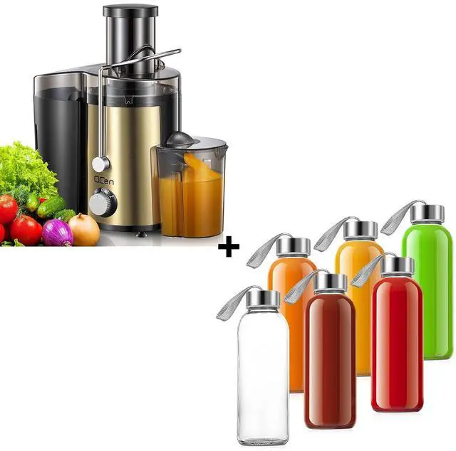 Main image of QCen 800W Juicer Machine Gold and 6PCS Glass Bottle Bundle