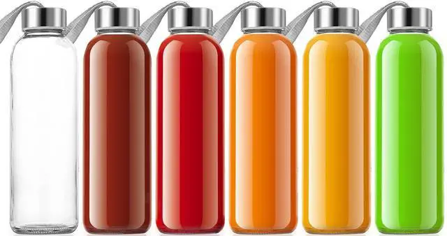 Main image of QCen 18oz Clear Glass Bottle for Juicing, 6 Pack Reusable Glass Water Bottles for Juicer Machine, with Stainless Steel Leak-Proof Lids, Wide Mouth Liquid Storage Containers, BPA Free