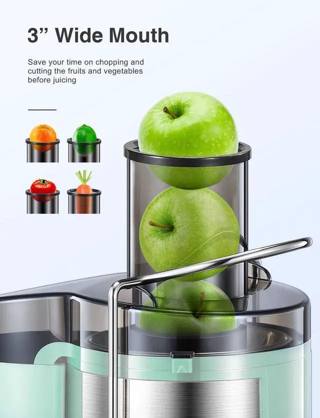 Alt view image 3 of 7 - QCen Juicer Machine, 500W Centrifugal Juicer Extractor with Wide Mouth 3 Feed Chute for Fruit Vegetable, Easy to Clean, Stainless Steel, BPA-free (Aqua)