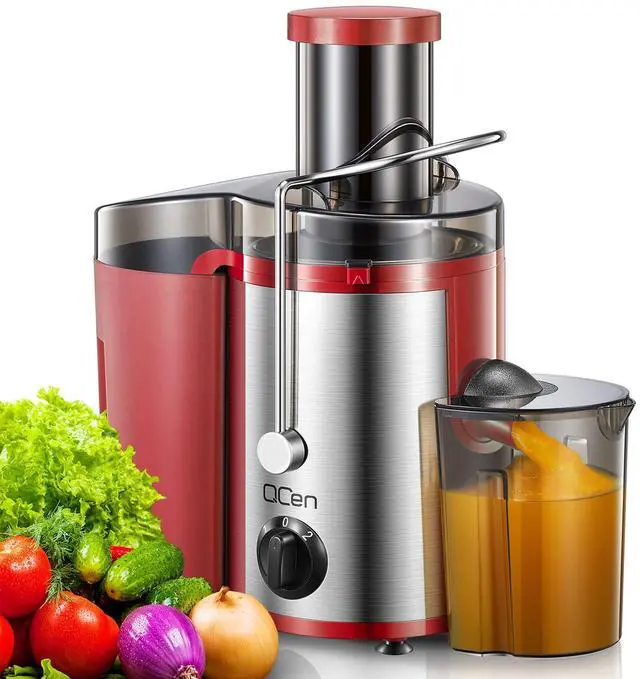 Main image of QCen Juicer Machine, 500W Centrifugal Juicer Extractor with Wide Mouth 3 Feed Chute for Fruit Vegetable, Easy to Clean, Stainless Steel, BPA-free (Red)