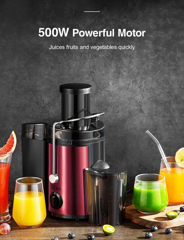 Alt view image 5 of 7 - QCen Juicer Machine, 500W Centrifugal Juicer Extractor with Wide Mouth 3 Feed Chute for Fruit Vegetable, Easy to Clean, Stainless Steel, BPA-free (Metallic Red)
