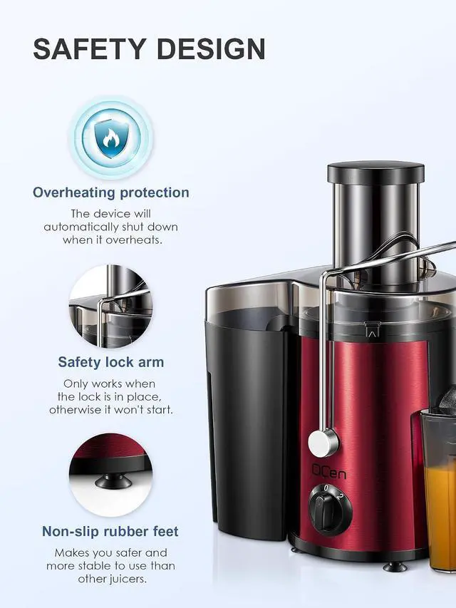 Alt view image 7 of 7 - QCen Juicer Machine, 500W Centrifugal Juicer Extractor with Wide Mouth 3 Feed Chute for Fruit Vegetable, Easy to Clean, Stainless Steel, BPA-free (Metallic Red)